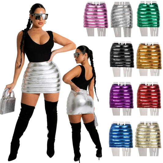 Women Shiny Silver Bubble Mini Skirt 2022 New Puffer Solid Color Night Club Sexy Skirt Zipper Warm Cotton Y2k Skirt For Women